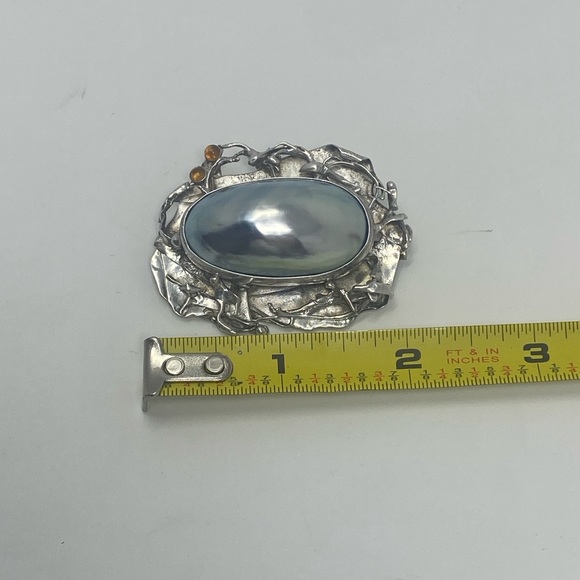 Antique 925 Sterling Silver brooch W/Mother Of Pearl And Amber - Picture 13 of 13
